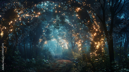 Gloomy fantasy forest scene at night with glowing ligh photo