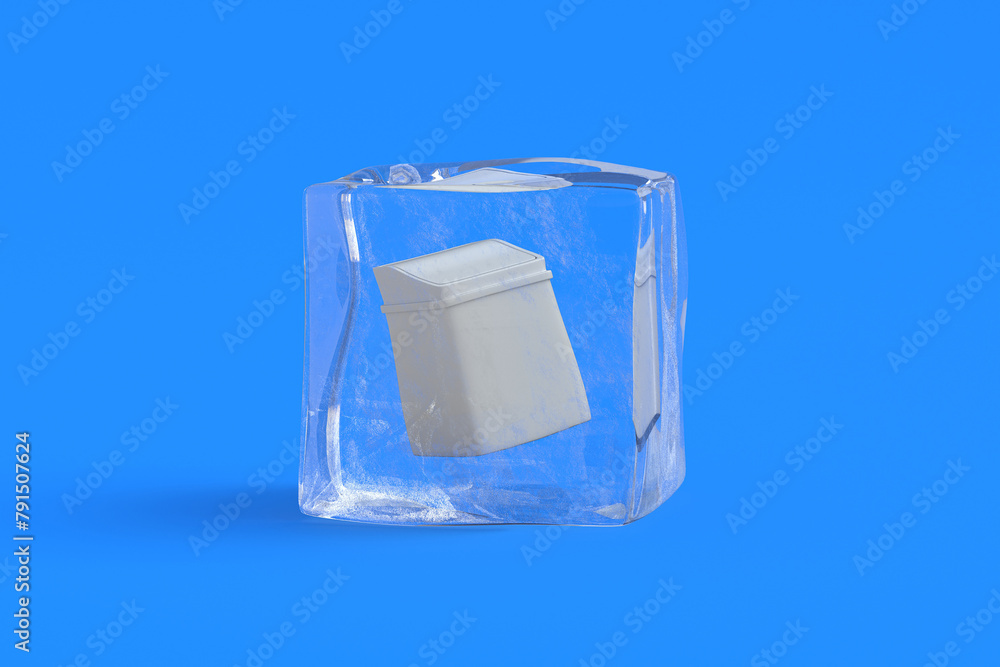 Trash bin in ice cube. 3d illustration Trash bin in ice cube. 3d illustration