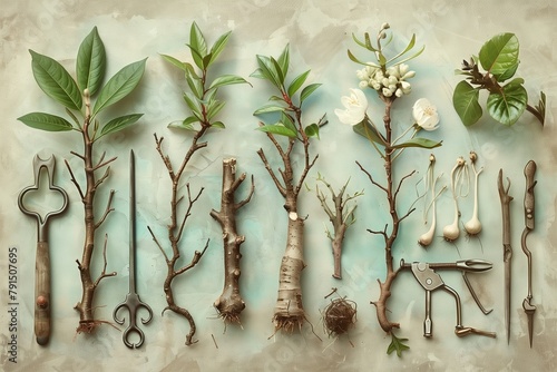 An artistic representation of grafting methods like cleft, whip, and side grafting, arranged in an appealing layout.