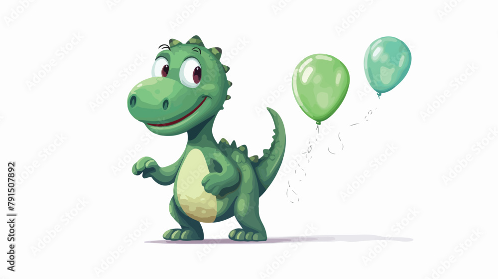 Dinosaur holding a balloon - green dinosaur 2d flat