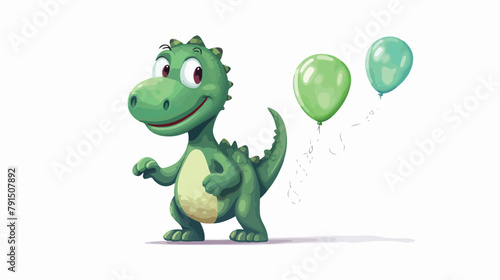 Dinosaur holding a balloon - green dinosaur 2d flat