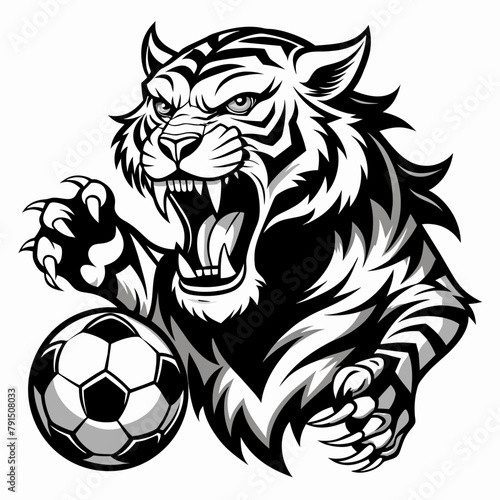 A complete fierce tiger, roaring in black and white, with claws playing with a soccer ball