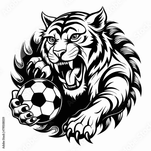 A complete fierce tiger, roaring in black and white, with claws playing with a soccer ball