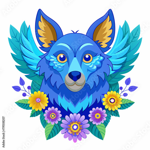 Blue wing Kawaii Ector bear head with superimposed flowers Ultra white background