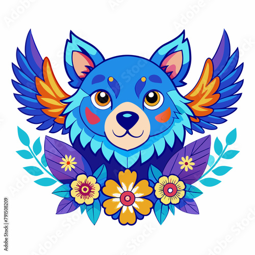 Blue wing Kawaii Ector bear head with superimposed flowers Ultra white background