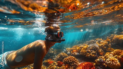 Underwater view of a man snorkeling over a coral reef