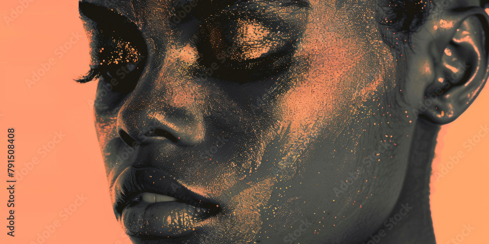 Close-Up Portrait of Woman with Glitter Makeup on Orange Background Close-Up Portrait of Woman with Glitter Makeup on Orange Background
