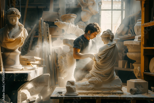 Sculptor at Work in Dusty Studio Carving Marble Statue
