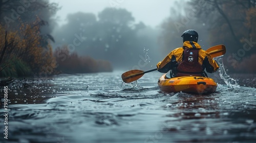 A lone kayaker paddles through a misty river. © Vilaysack