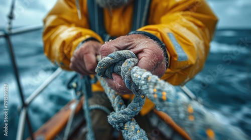 Fototapeta Naklejka Na Ścianę i Meble -  A sailor ties a knot in a rope while sailing in rough seas.