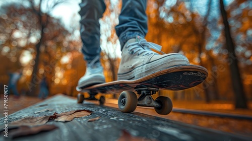 A skateboarder rides on a wooden rail in an autumn park. photo