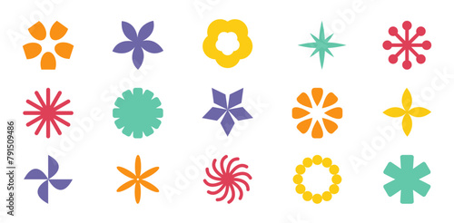 Abstract geometric shape set. Colorful star sparkles, daisy chamomile camomile flower round icon. Cute collection. Simple sign symbol. Love card. Flat design. Isolated. White background. Vector