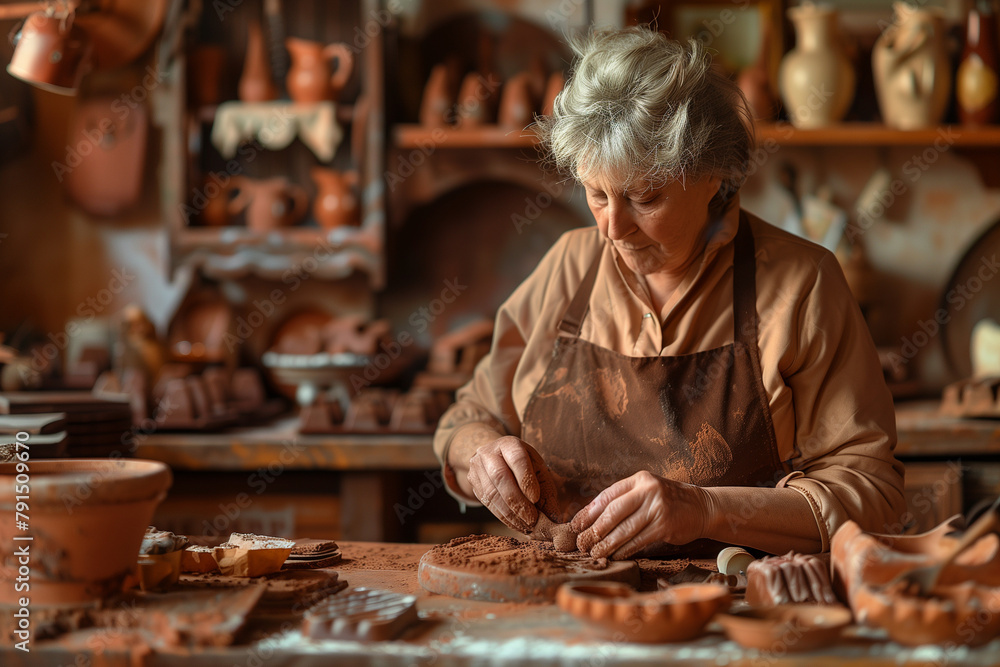 Potter Molding Clay on Wheel in Rustic Ceramic Studio Potter Molding Clay on Wheel in Rustic Ceramic Studio