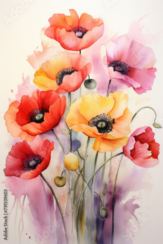 Watercolor illustration of colorful poppies in the field. Aquarelle paper texture visible.