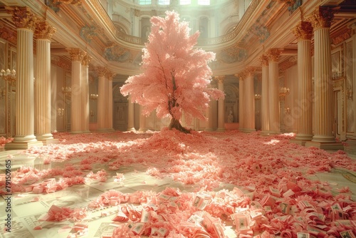 Enchanted Pink Tree Growing in a Majestic Hallway, Illuminated by Soft Light