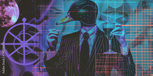 Surreal Duck in Suit Drinking Cocktail Under Moonlight with Geometric Background