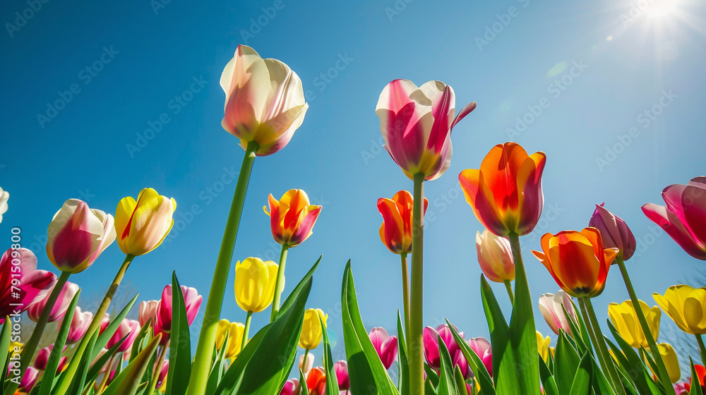 Vibrant Tulip Field in Spring, A vibrant field of tulips under a clear blue sky, showcasing the bright colors of spring Vibrant Tulip Field in Spring, A vibrant field of tulips under a clear blue sky, showcasing the bright colors of spring