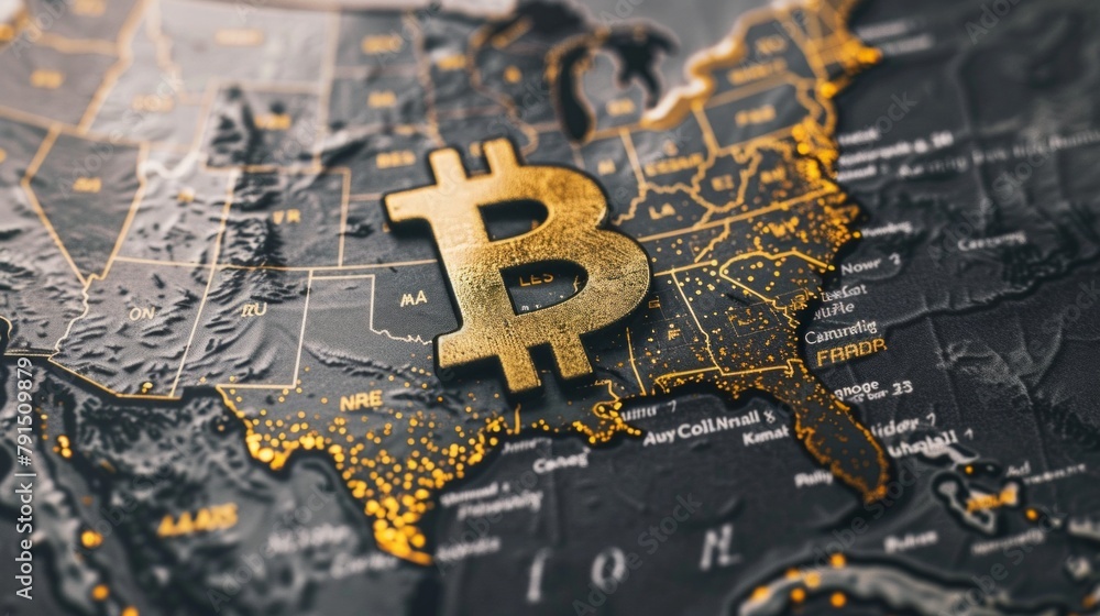 Naklejka premium Bitcoin coin on political map of North America, on the territory of united states, use of cryptocurrency worldwide, economic power, crypto coint currency.