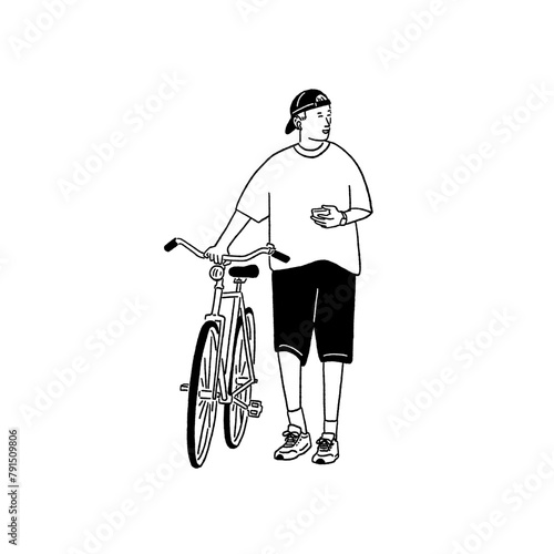 Man with bicycle Young People city lifestyle Hand drawn line art Illustration