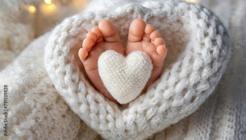 Extreme close-up of soft bare feet of a newborn baby wrapped in a white soft warm wool blanket with a white knitted heart. Sleeping newborn child concept. Generative Ai.