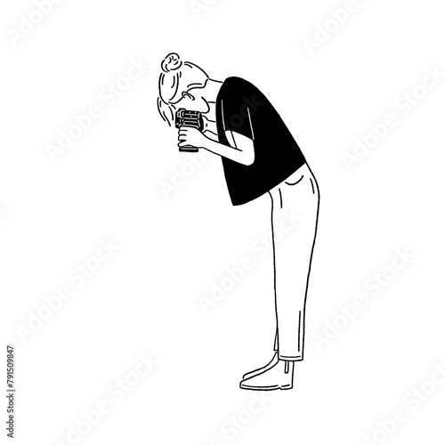 Woman taking picture People lifestyle Photographer Hand drawn line illustration