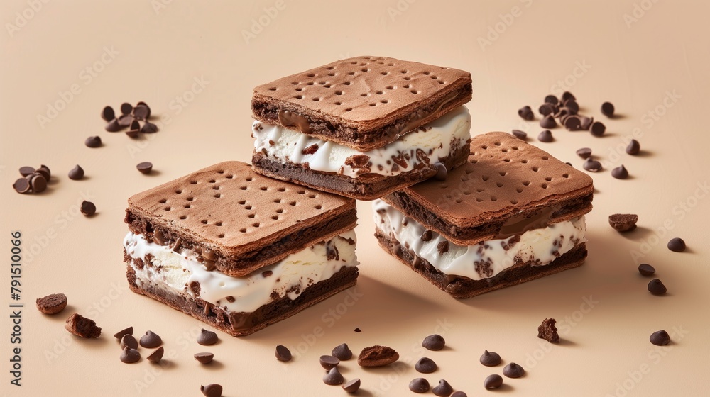 Three ice cream sandwiches with chocolate chips on a beige background Three ice cream sandwiches with chocolate chips on a beige background