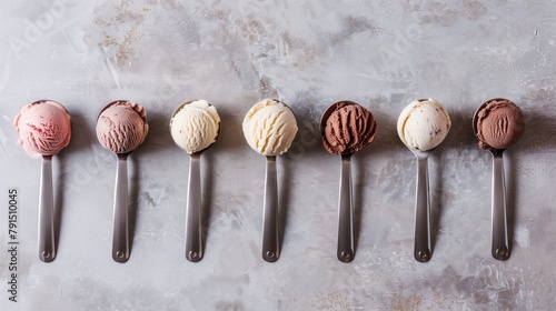 Assorted scoops of ice cream on spoons against a textured background