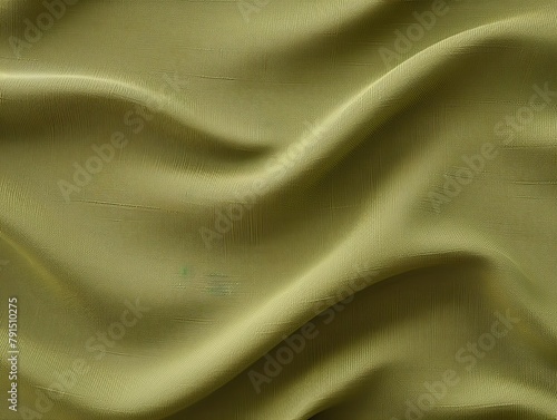 Olive linen fabric with abstract wavy pattern. Background and texture for design, banner, poster or packaging textile product. Closeup. with copy space 