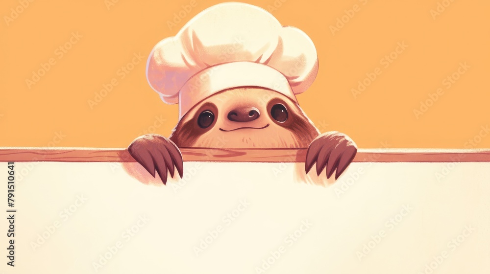 Fototapeta premium A charming sloth chef playfully peeks out from behind a blank sign