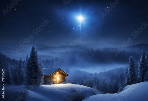 Birth of new star in the starry night sky beyond the mountains covered with forest. Star of Jesus Christ Christmas Magic Wall Paper.