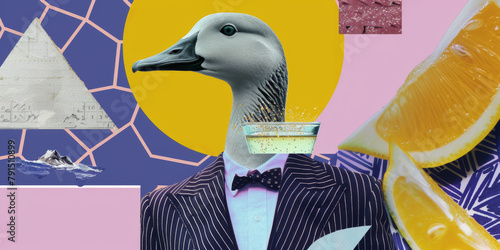 Surreal Collage of Geometric Shapes, Duck in Suit, and Citrus Slices on Colorful Background