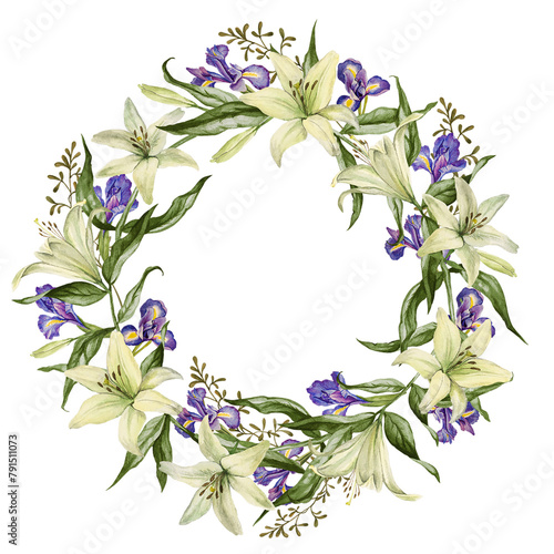 Bouquet of white lilies flowers. A wreath of flowers for congratulations. Illustrations with lilies, green leaves and blue iris flowers. Botanical watercolor for wedding design, greetings, cards