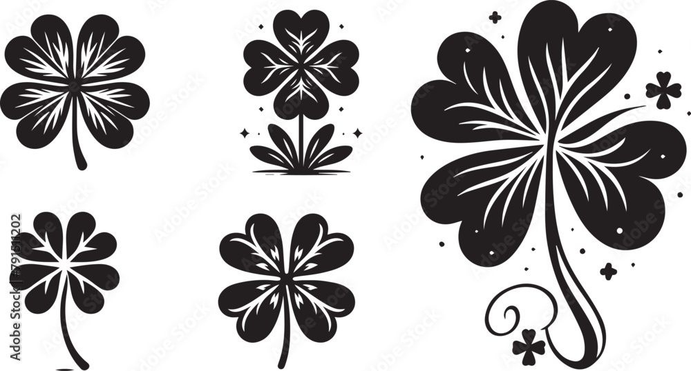 Obraz premium Set of Lucky Four-Leaf Clovers Black Vector