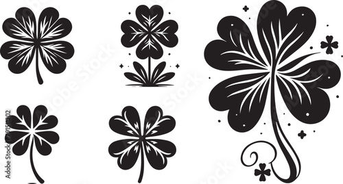 Set of Lucky Four-Leaf Clovers Black Vector