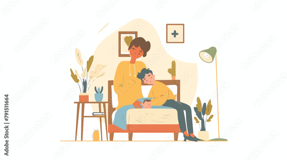 Mother taking care of his son illustration with flu at home. H