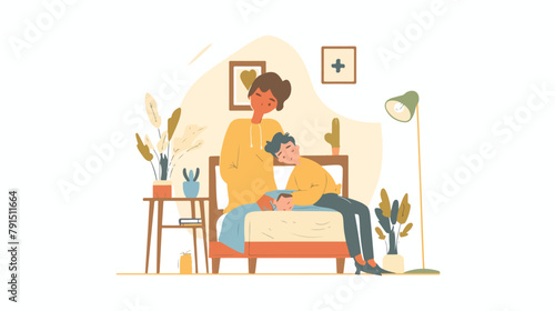 Mother taking care of his son illustration with flu at home. H