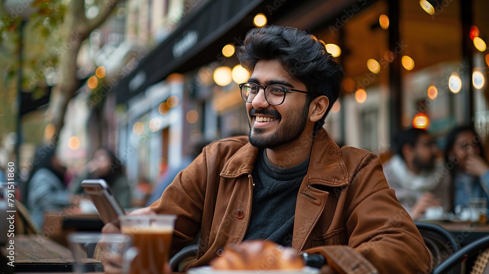 Handsome Multiethnic Man Sitting on a Terrace in a Cafe, Having a Cup of Coffee with Pastry. Happy Indian Man Connecting with Friends Online, Replying to Social Media Posts. copy space for text. Handsome Multiethnic Man Sitting on a Terrace in a Cafe, Having a Cup of Coffee with Pastry. Happy Indian Man Connecting with Friends Online, Replying to Social Media Posts. copy space for text.