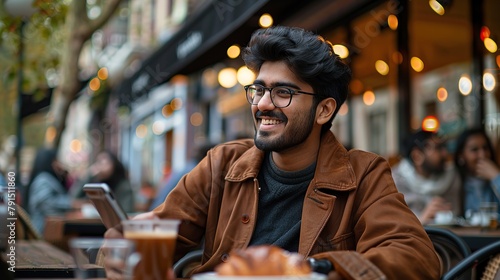 Handsome Multiethnic Man Sitting on a Terrace in a Cafe, Having a Cup of Coffee with Pastry. Happy Indian Man Connecting with Friends Online, Replying to Social Media Posts. copy space for text.