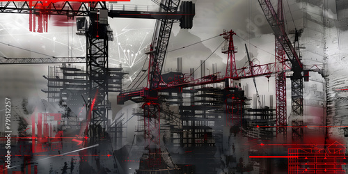 Industrial Construction Site with Red Accents and Tower Cranes