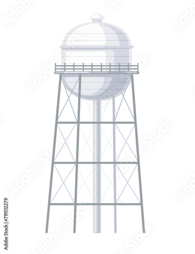 Metal water tower with oval water tank countryside water reservoir infrastructure vector illustration isolated on white background
