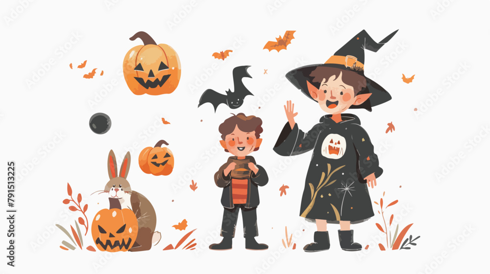 Little wizard boy and rabbit - vector isolated on white background