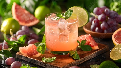 Cocktail, featuring grapes, lime juice, ginger beer, dark brown rum, ice cubes, mint leaves, and grapefruit with its glass on top of a wooden board. creating a vibrant atmosphere.  photo