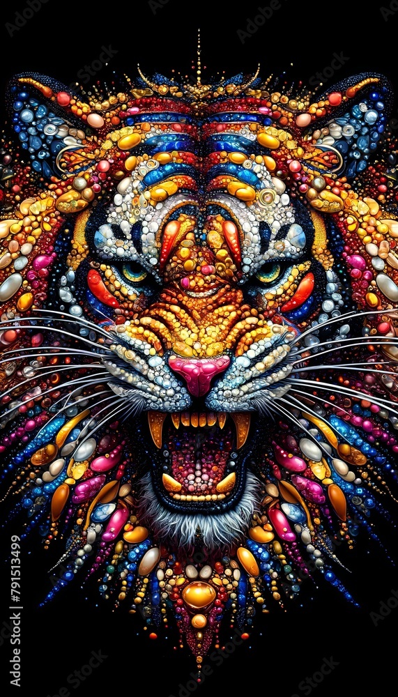 A colorful tiger with a big mouth and a fierce look on its face
