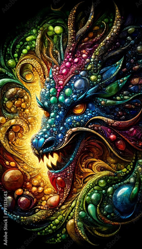 A colorful dragon with a mouth open and teeth showing