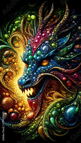 A colorful dragon with a mouth open and teeth showing