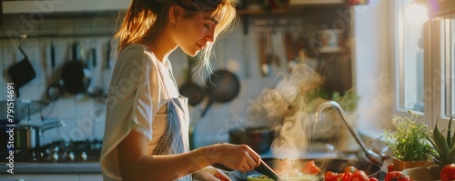 woman is focused on cooking in a sunlit homely kitchen, preparing vegetables on a wooden countertop amid rustic decor. photo