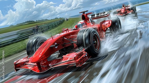 Paint a scene of intense competition as a Formula 1 car overtakes on a track blasted by a sudden gust