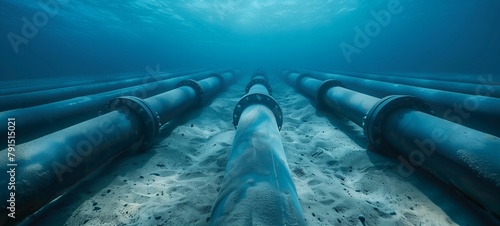 Parallel undersea pipelines stretching into the distance on the ocean bed, showcasing the infrastructure that lies beneath the water's surface for resource transportation or communication.