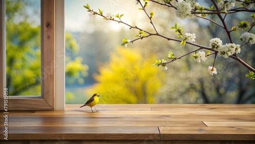 Springtime Serenity: Empty Wooden Table by a Sunny Window with Copy Space