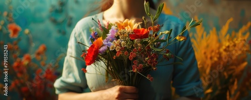 A woman holds a large, beautiful bouquet filled with a variety of fresh flowers and foliage, showcasing nature's diversity